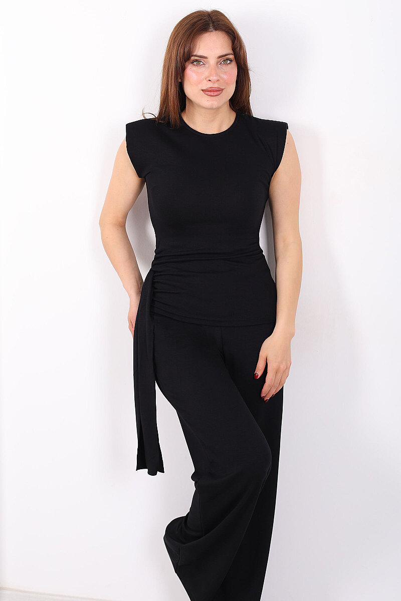 Yanı Drapeli Kuşaklı Kadın Siyah Modal Pantolon Takım - 1