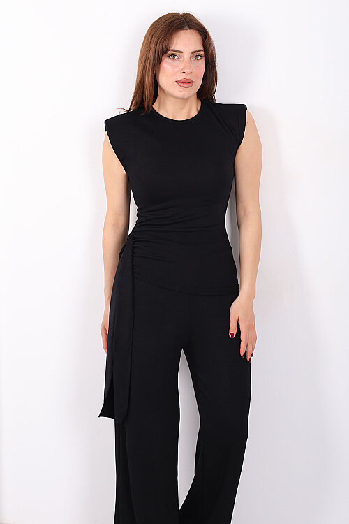 Yanı Drapeli Kuşaklı Kadın Siyah Modal Pantolon Takım - 7