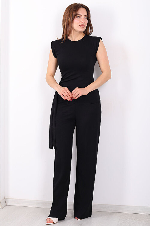 Yanı Drapeli Kuşaklı Kadın Siyah Modal Pantolon Takım - 3