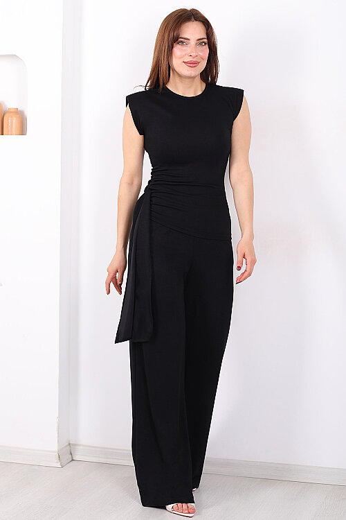 Yanı Drapeli Kuşaklı Kadın Siyah Modal Pantolon Takım - 5