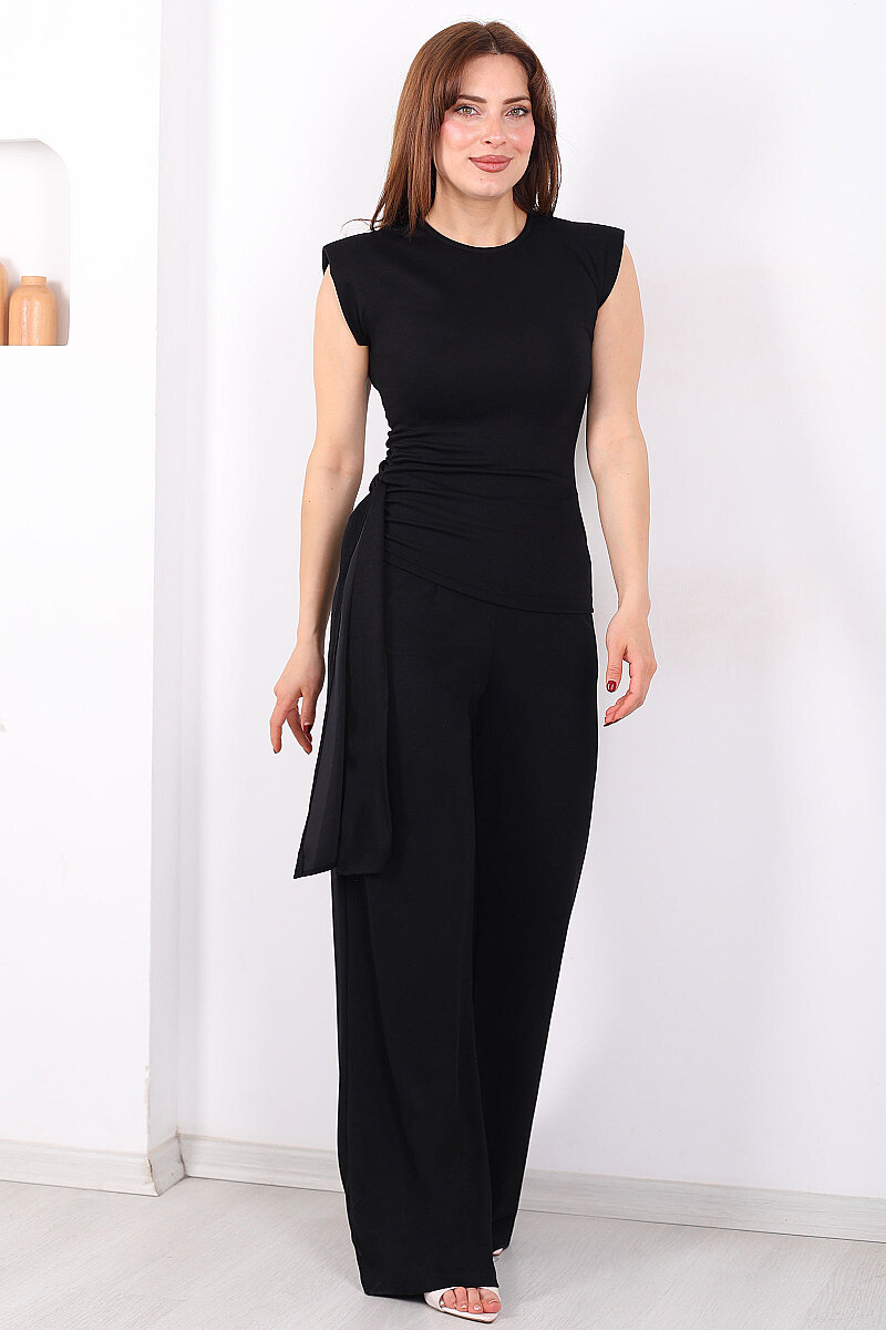 Yanı Drapeli Kuşaklı Kadın Siyah Modal Pantolon Takım - 5