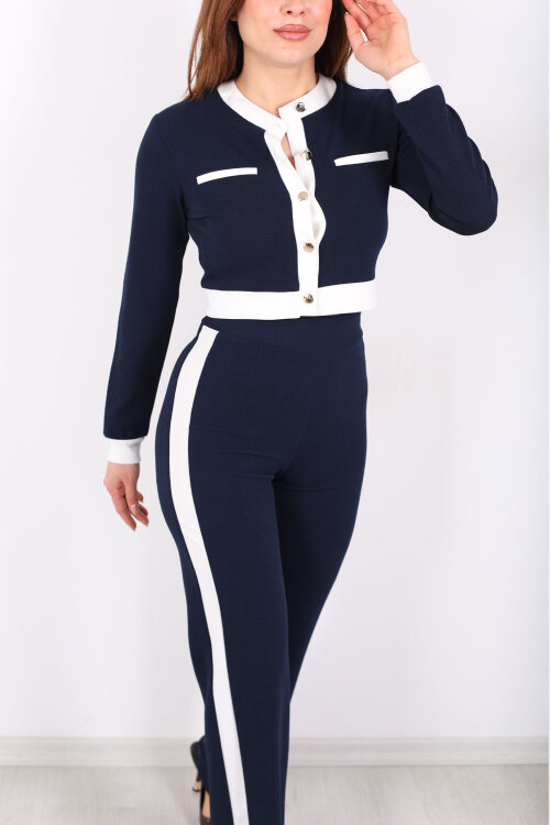 Yanı Şeritli Düğmeli Lacivert Kadın Venedik Takım - Berox (1)