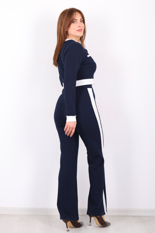 Yanı Şeritli Düğmeli Lacivert Kadın Venedik Takım - 6