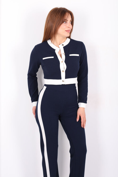 Yanı Şeritli Düğmeli Lacivert Kadın Venedik Takım - 7