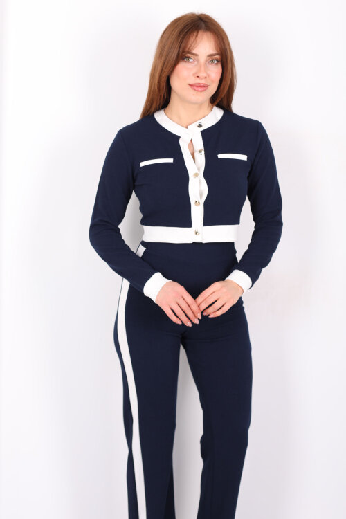 Yanı Şeritli Düğmeli Lacivert Kadın Venedik Takım - 4