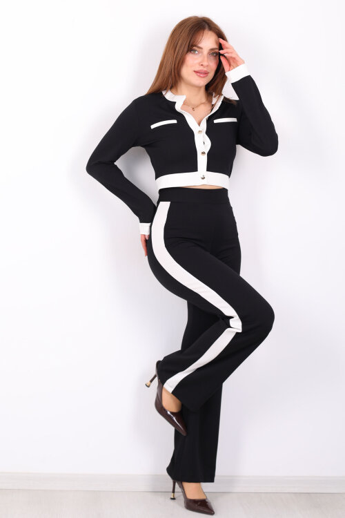 Yanı Şeritli Düğmeli Siyah Kadın Venedik Takım - 5