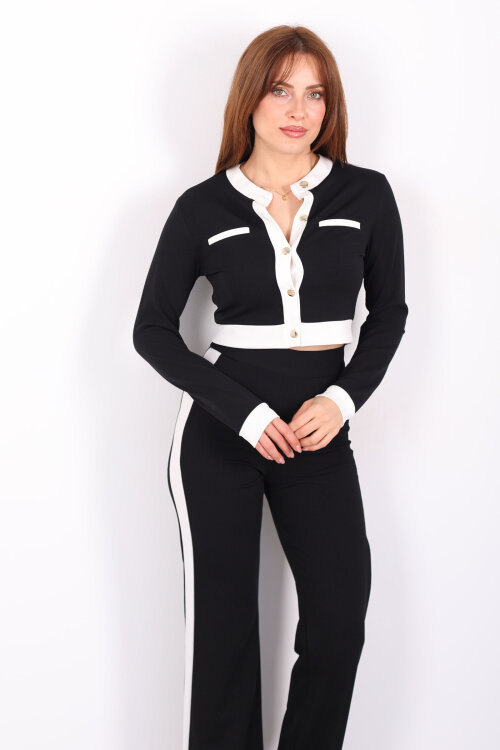 Yanı Şeritli Düğmeli Siyah Kadın Venedik Takım - 4