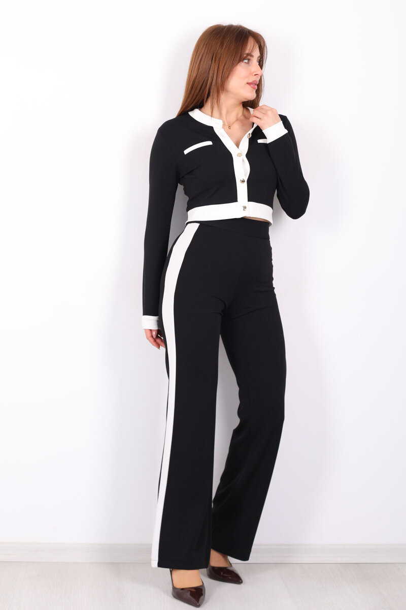 Yanı Şeritli Düğmeli Siyah Kadın Venedik Takım - 3