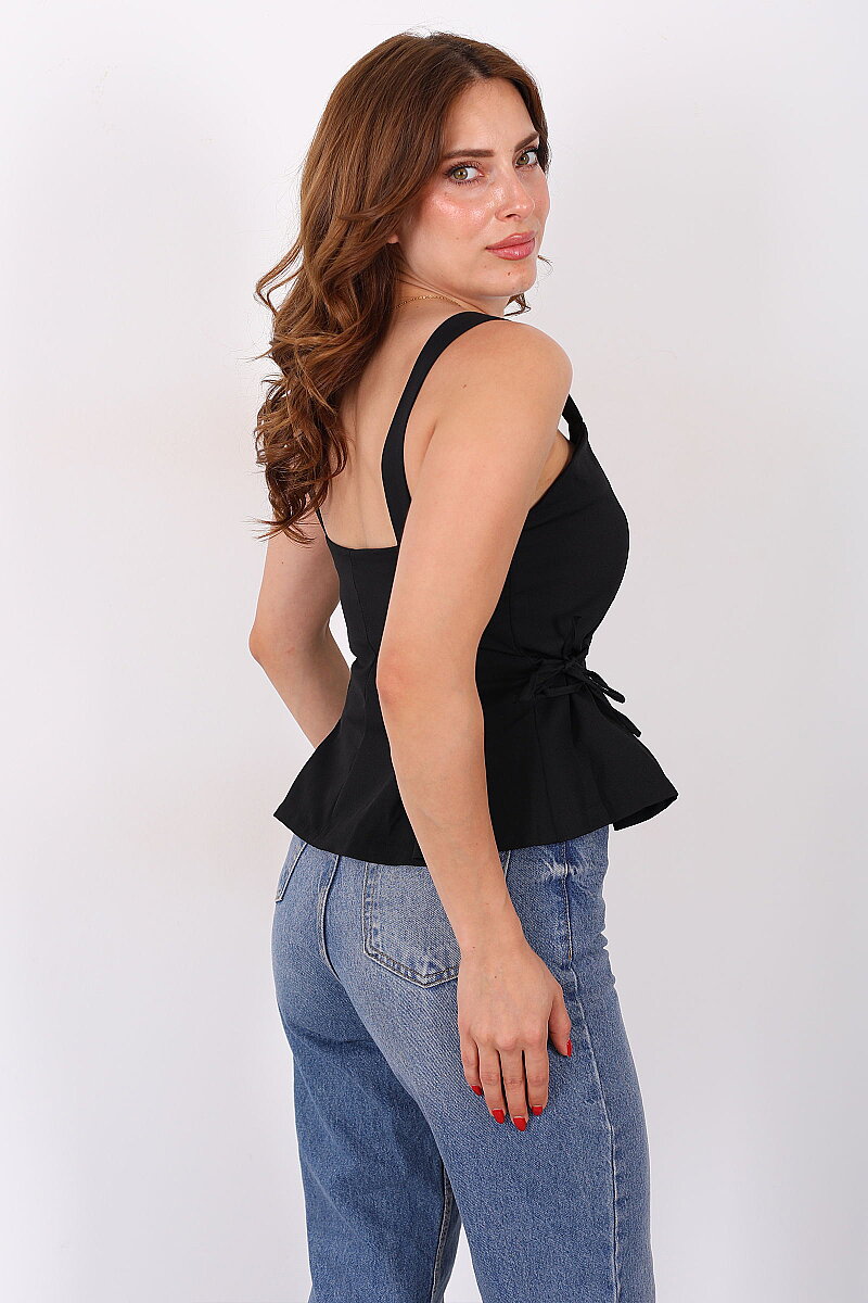 Yanları Bağlamalı Kalın Askılı Peplum Siyah Kadın Bluz - 4