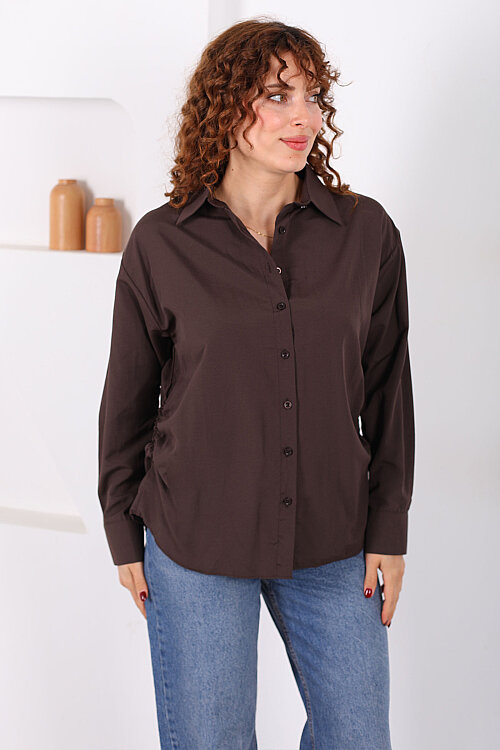 Yanları Büzgülü Acı Kahve Kadın Basic Gömlek - 6