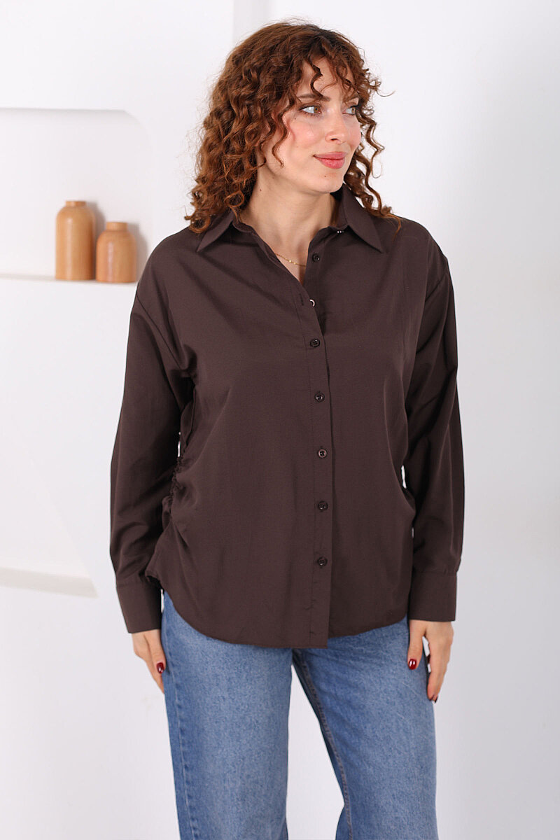 Yanları Büzgülü Acı Kahve Kadın Basic Gömlek - 6