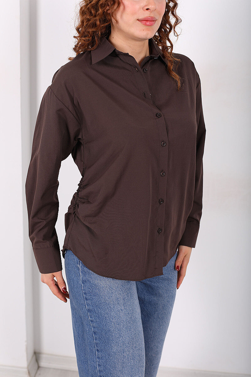 Yanları Büzgülü Acı Kahve Kadın Basic Gömlek - 2
