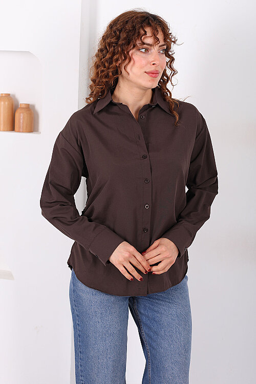 Yanları Büzgülü Acı Kahve Kadın Basic Gömlek - 3