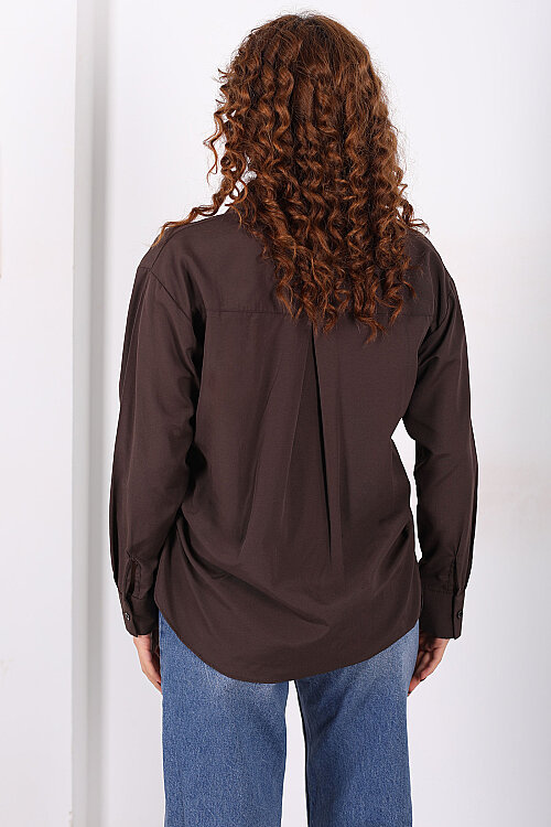Yanları Büzgülü Acı Kahve Kadın Basic Gömlek - 5