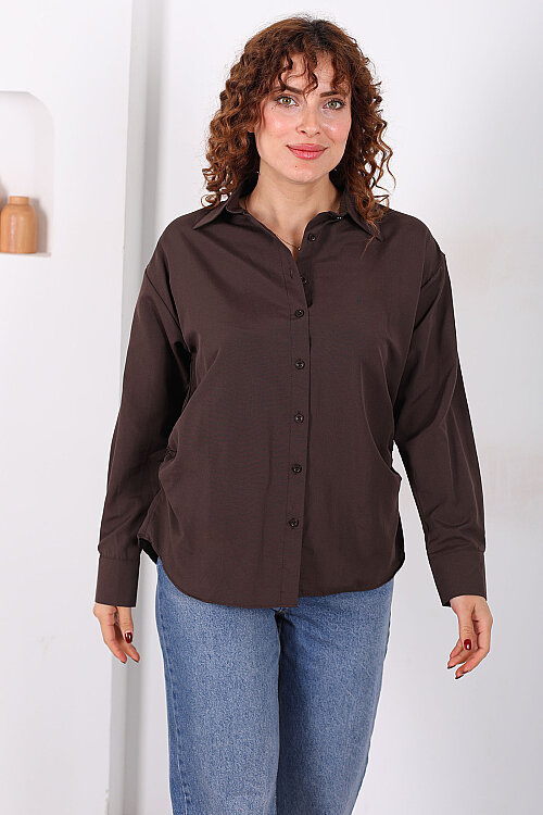 Yanları Büzgülü Acı Kahve Kadın Basic Gömlek - 4