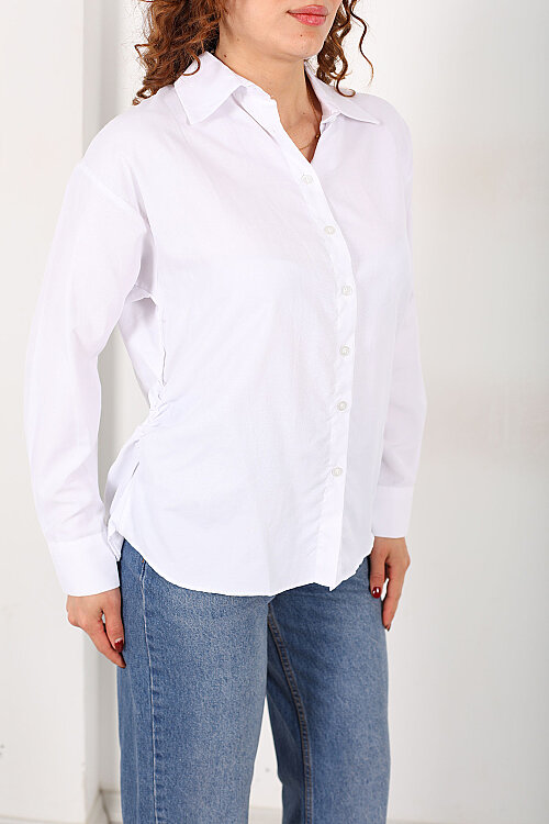 Yanları Büzgülü Beyaz Kadın Basic Gömlek - Berox (1)