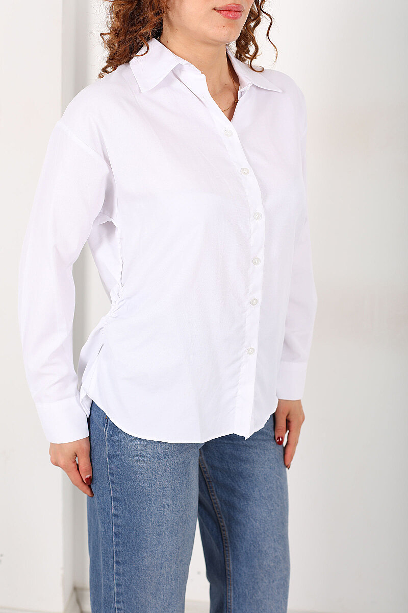 Yanları Büzgülü Beyaz Kadın Basic Gömlek - 2