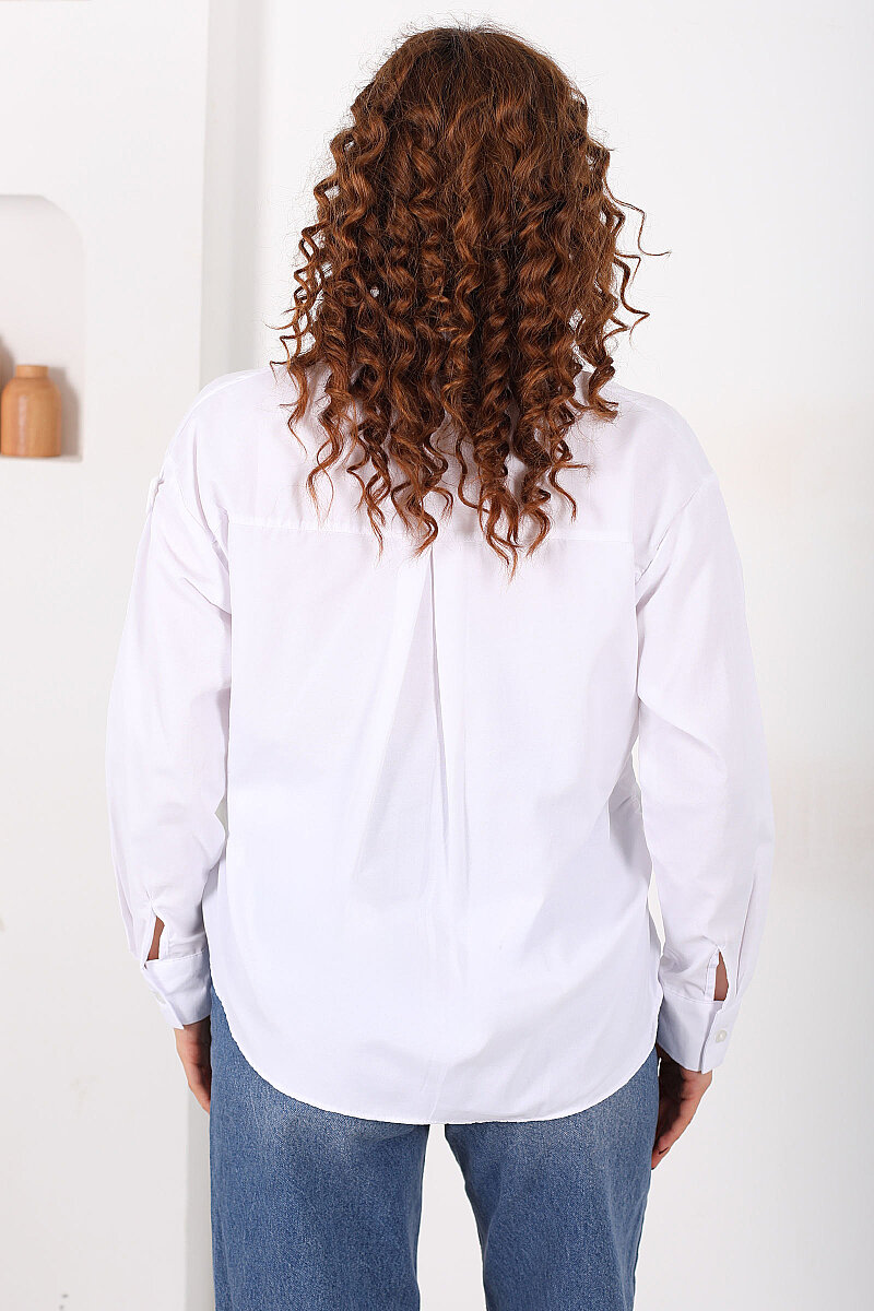 Yanları Büzgülü Beyaz Kadın Basic Gömlek - 4