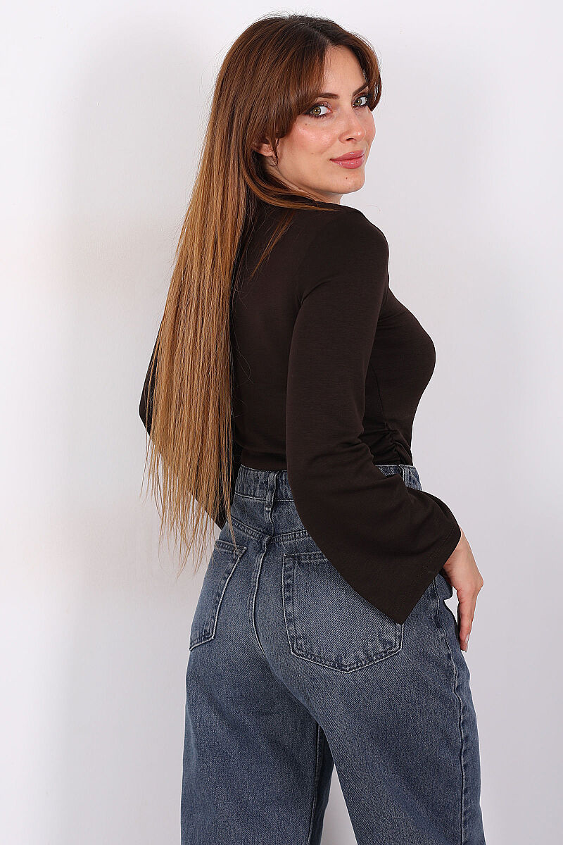 Yanları Büzgülü İspanyol Kol Acı Kahve Kadın Body - 5