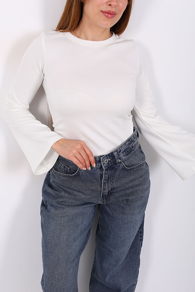 Yanları Büzgülü İspanyol Kol Beyaz Kadın Body - 2