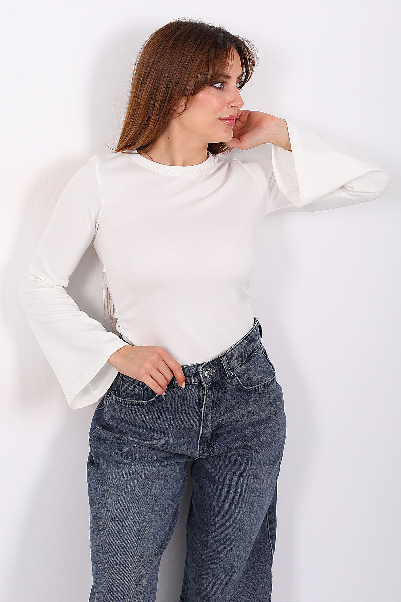 Yanları Büzgülü İspanyol Kol Beyaz Kadın Body - 1