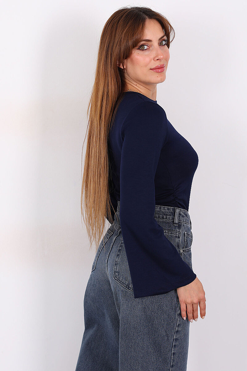 Yanları Büzgülü İspanyol Kol Lacivert Kadın Body - 6