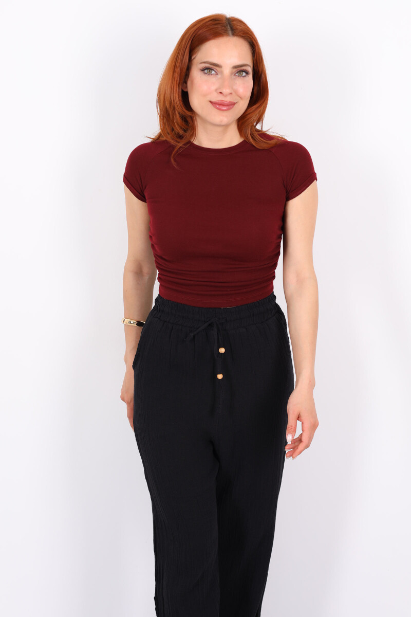 Yanları Büzgülü Kısa Kol Bordo Kadın Basic Modal Bluz - 3