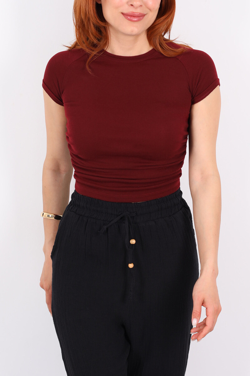 Yanları Büzgülü Kısa Kol Bordo Kadın Basic Modal Bluz - 2
