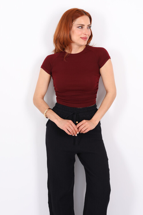 Yanları Büzgülü Kısa Kol Bordo Kadın Basic Modal Bluz 