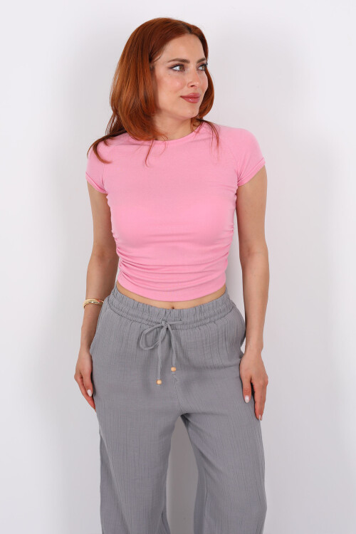Yanları Büzgülü Kısa Kol Pembe Kadın Basic Modal Bluz - 3