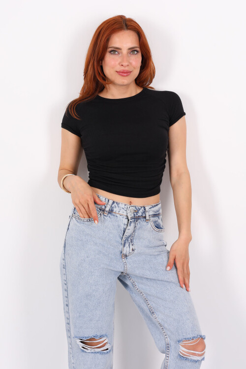 Yanları Büzgülü Kısa Kol Siyah Kadın Basic Modal Bluz 