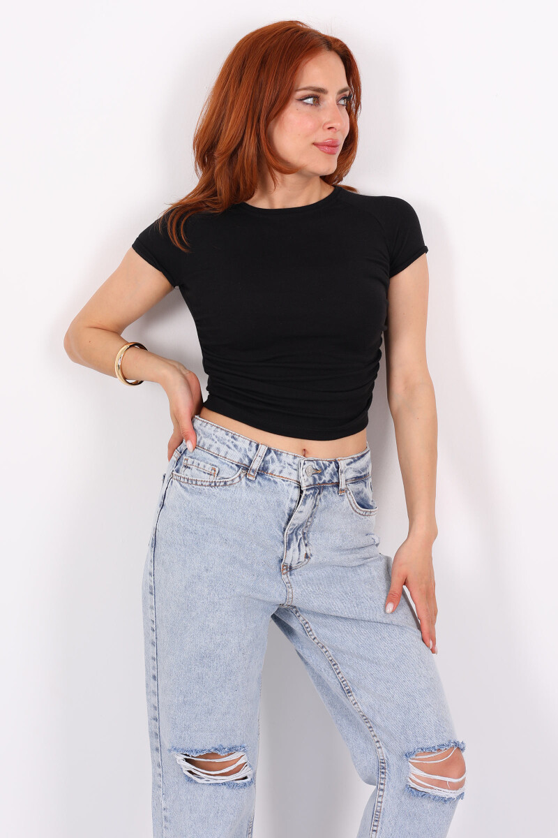 Yanları Büzgülü Kısa Kol Siyah Kadın Basic Modal Bluz - 3