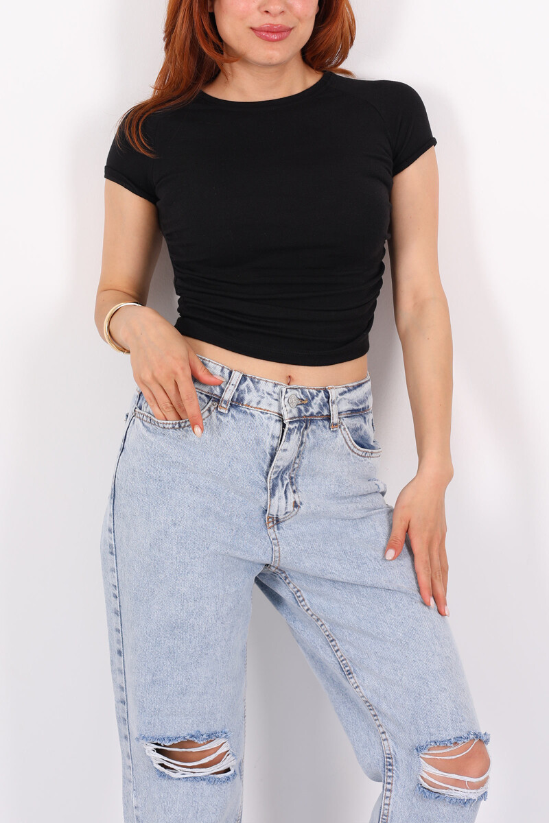 Yanları Büzgülü Kısa Kol Siyah Kadın Basic Modal Bluz - 2