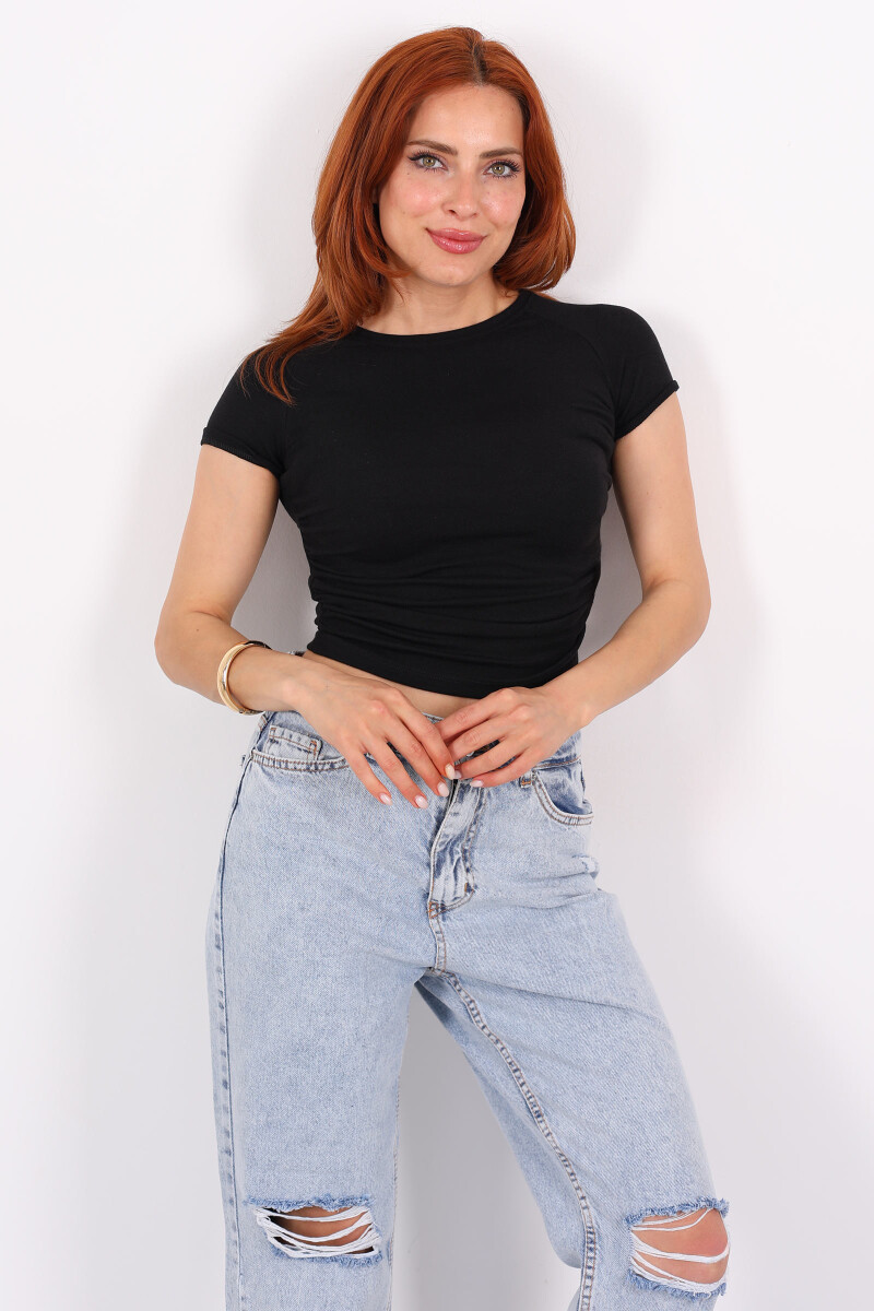 Yanları Büzgülü Kısa Kol Siyah Kadın Basic Modal Bluz - 4
