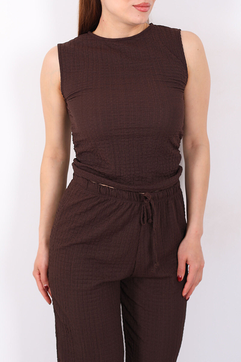 Yanları Drapeli Bisiklet Yaka Kadın Acı Kahve Kolsuz Bubble Bluz - 2