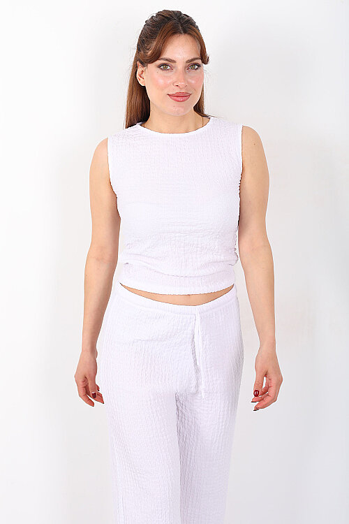 Yanları Drapeli Bisiklet Yaka Kadın Beyaz Kolsuz Bubble Bluz - 6