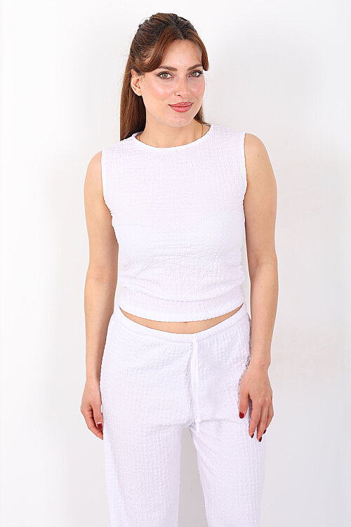 Yanları Drapeli Bisiklet Yaka Kadın Beyaz Kolsuz Bubble Bluz - 4