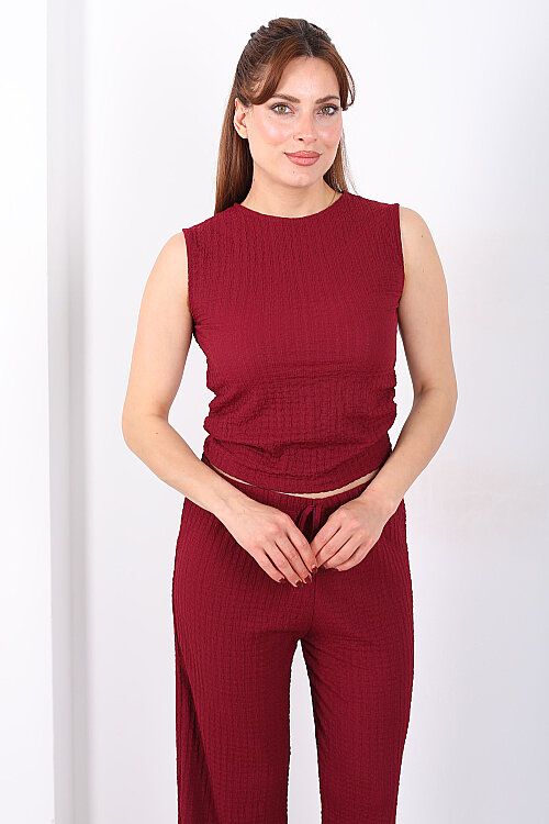 Yanları Drapeli Bisiklet Yaka Kadın Mürdüm Kolsuz Bubble Bluz - Berox