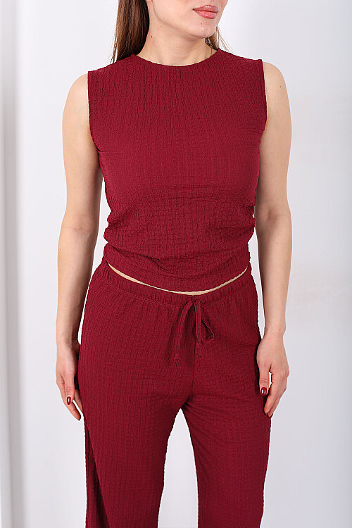 Yanları Drapeli Bisiklet Yaka Kadın Mürdüm Kolsuz Bubble Bluz - Berox (1)