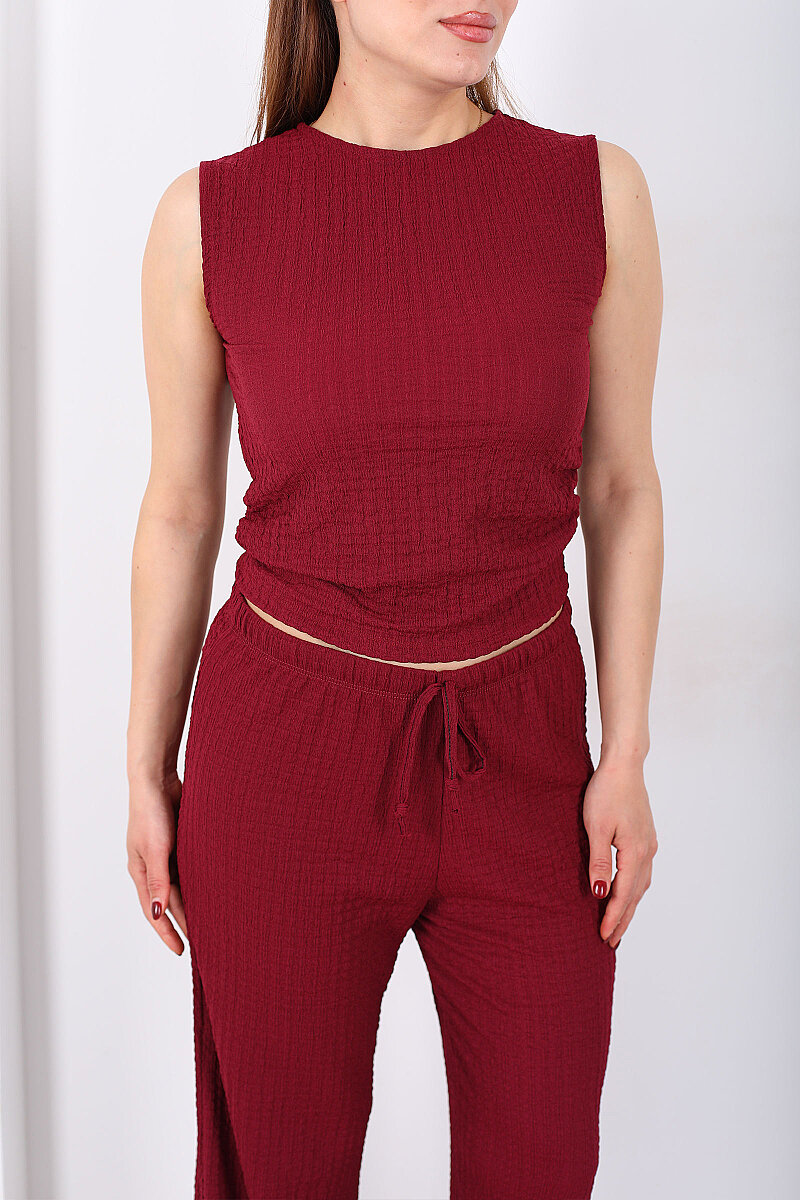 Yanları Drapeli Bisiklet Yaka Kadın Mürdüm Kolsuz Bubble Bluz - 2