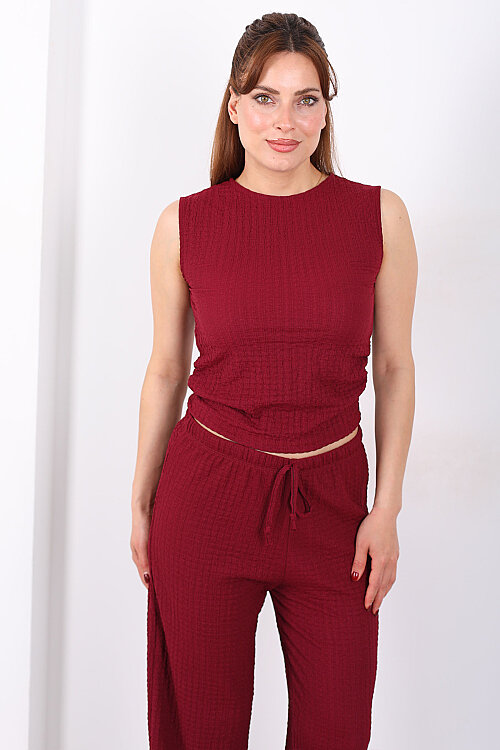 Yanları Drapeli Bisiklet Yaka Kadın Mürdüm Kolsuz Bubble Bluz - 5