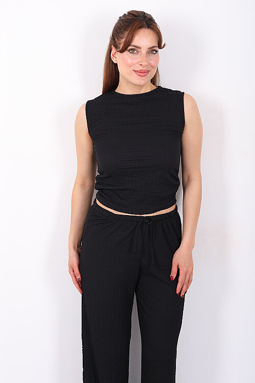 Yanları Drapeli Bisiklet Yaka Kadın Siyah Kolsuz Bubble Bluz - 6