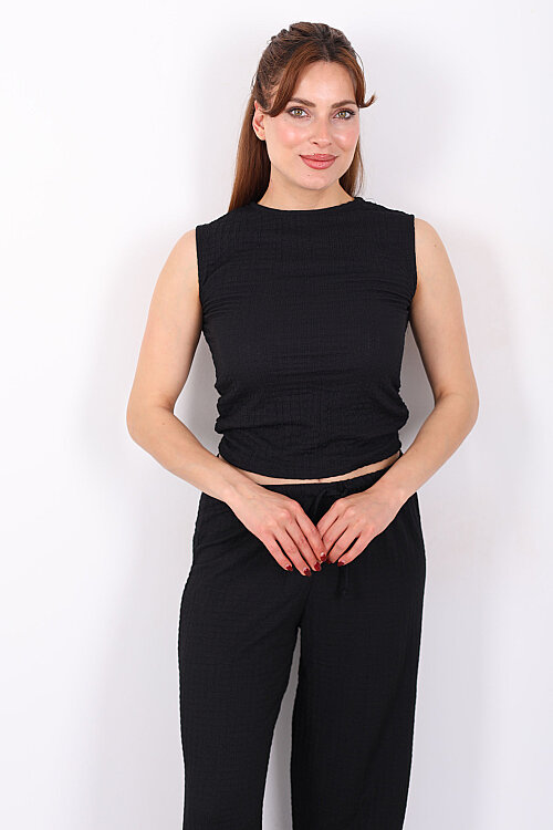 Yanları Drapeli Bisiklet Yaka Kadın Siyah Kolsuz Bubble Bluz - 3