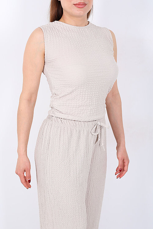 Yanları Drapeli Bisiklet Yaka Kadın Taş Rengi Kolsuz Bubble Bluz - Berox (1)