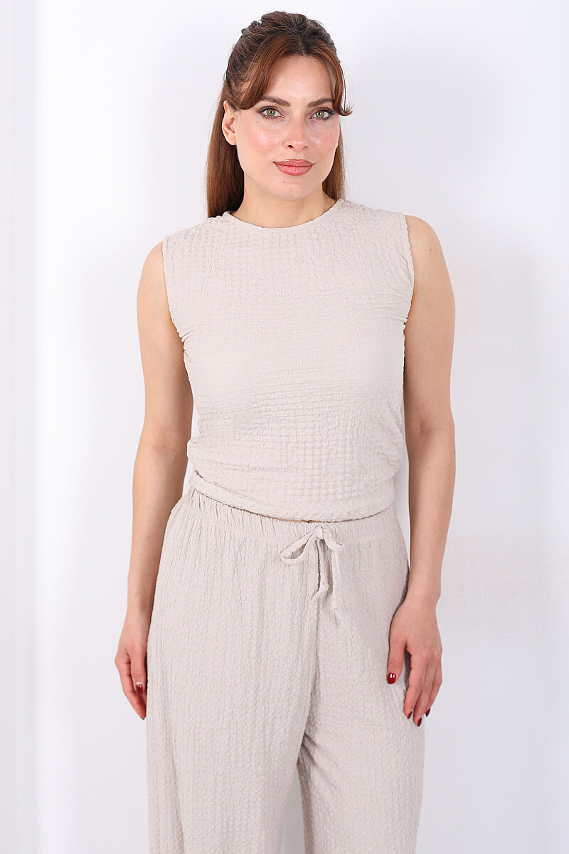 Yanları Drapeli Bisiklet Yaka Kadın Taş Rengi Kolsuz Bubble Bluz - 4