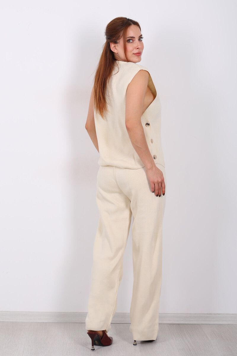 Yanları Düğmeli V Yaka Krem Kadın Triko Takım - 5