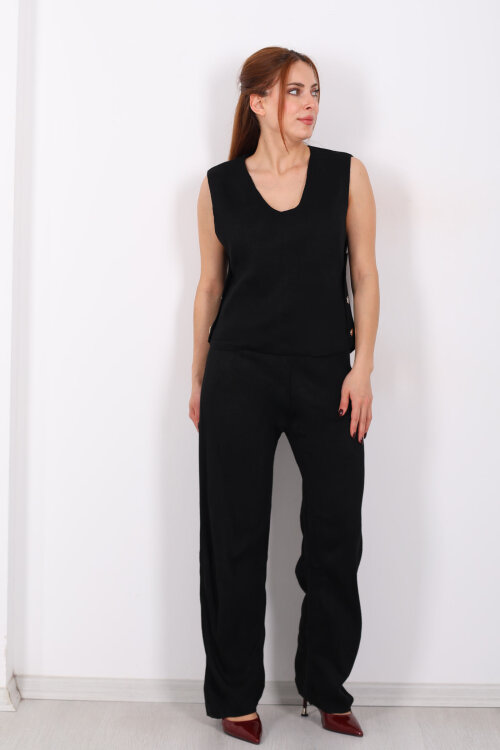 Yanları Düğmeli V Yaka Siyah Kadın Triko Takım - 7