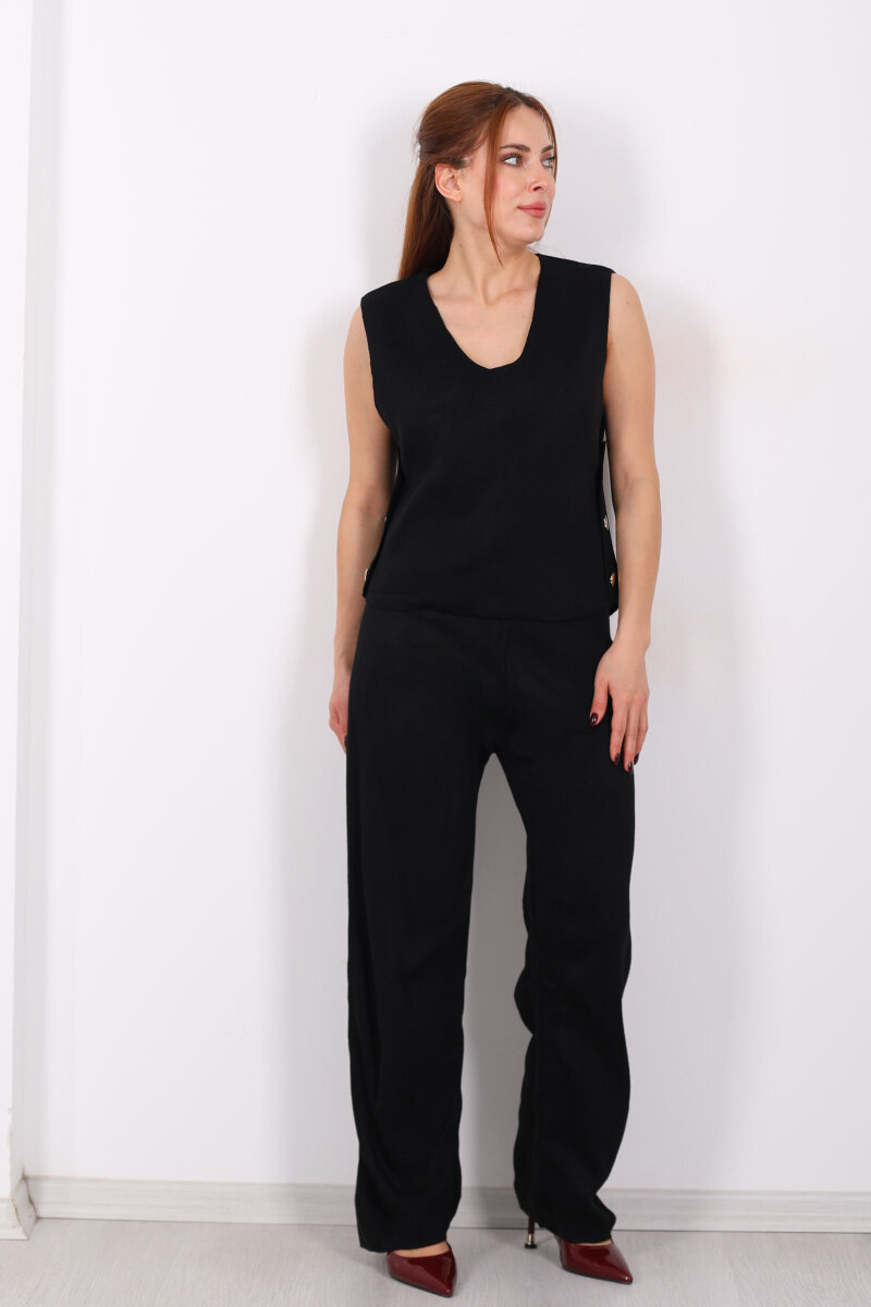 Yanları Düğmeli V Yaka Siyah Kadın Triko Takım - 7