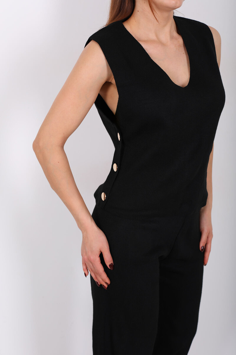 Yanları Düğmeli V Yaka Siyah Kadın Triko Takım - 2