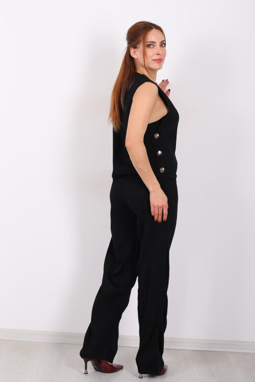 Yanları Düğmeli V Yaka Siyah Kadın Triko Takım - 6